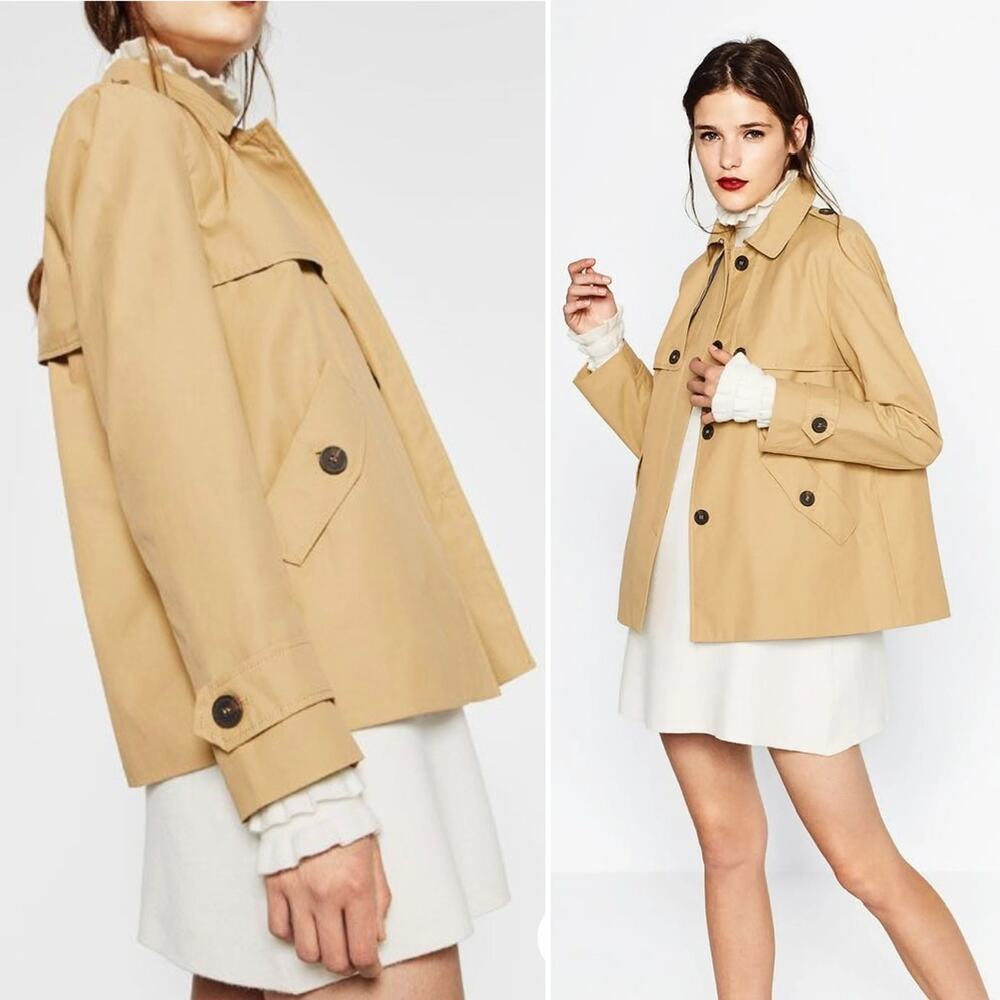 Zara Camel Tan Short Trench Coat Button Detail Water Resistant Size M Like New